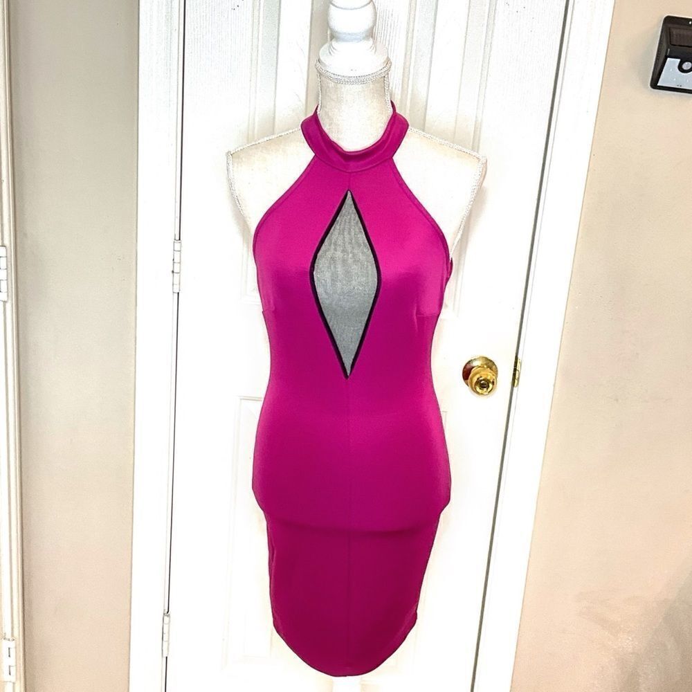 NWT BLVD Collection Women’s Sz Sm Hot Pink Halter Open Back Above Knee Bodycon